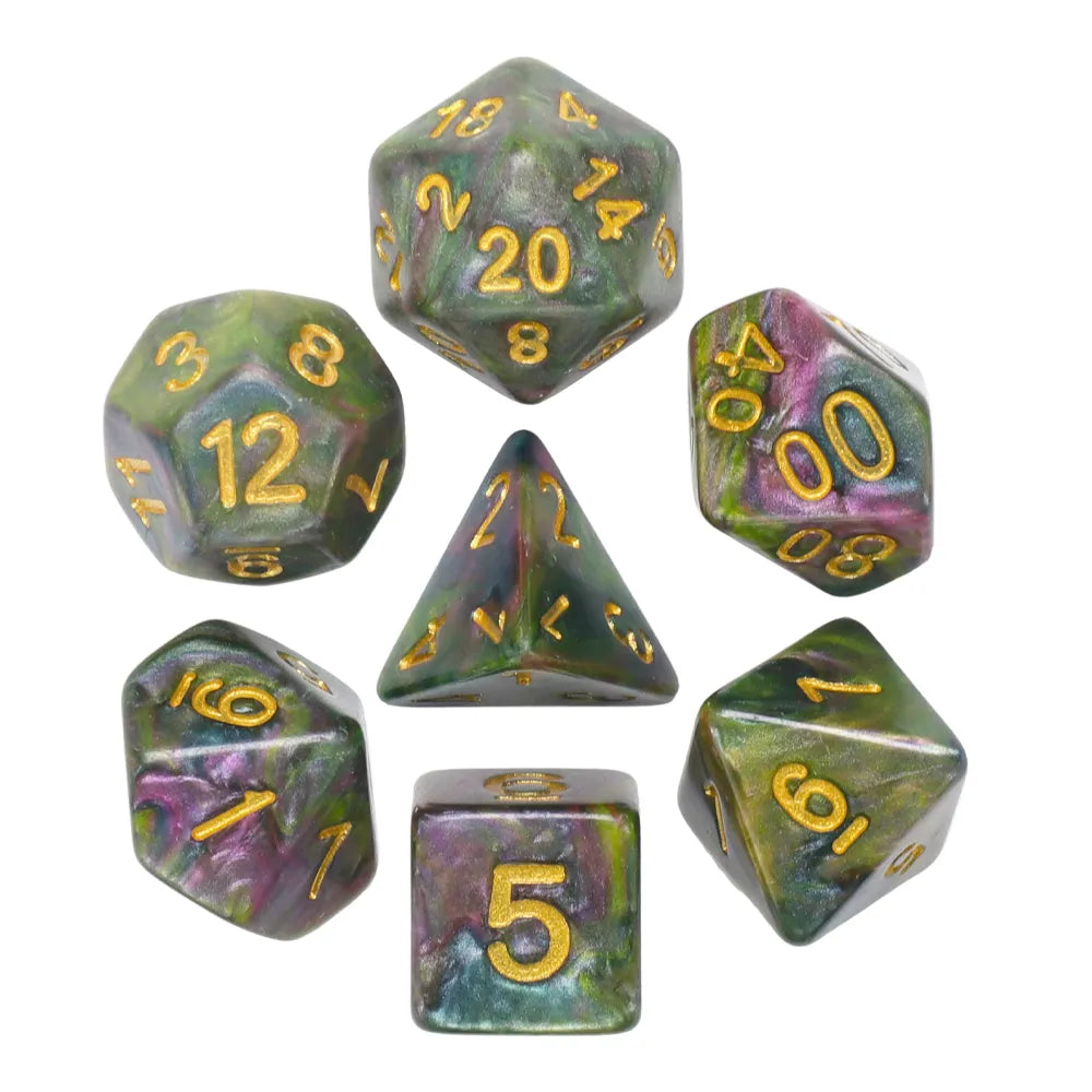 Blue Yellow and Rose Marble 7-Dice Set - Major Dice